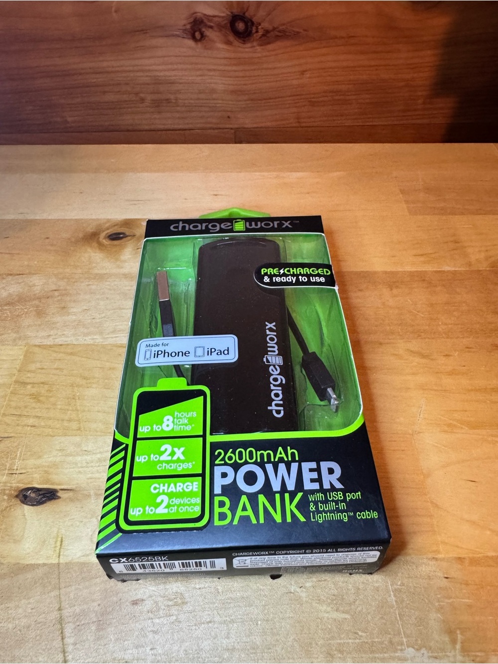 Chargeworx 2600mAh Black Power Bank with Built-In Lightning Cable